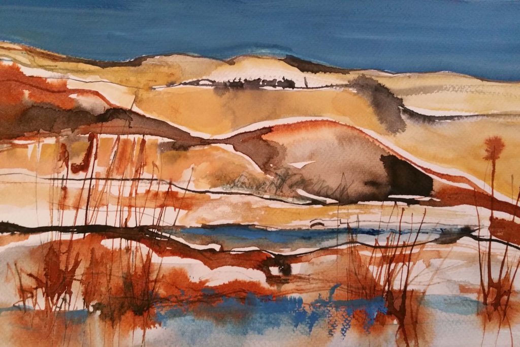 gouache and ink painting of hills, river and pasture