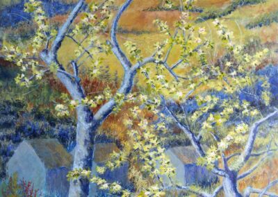 large original mixed media painting of two plum trees in blossom painted on wooden panel