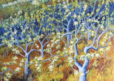 large original mixed media painting of five fruit trees makingup a scottish orchard e in blossom onon wooden panel