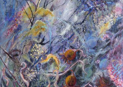 original painting in mixed media of December in Scottish orchard by Ronnie Cruwys