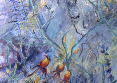month of January painted in expressive mixed media of Scottish orchard