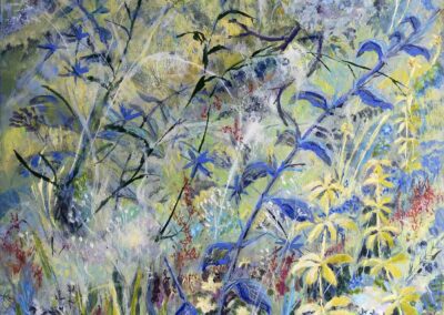 Painting in mixed media of the month February in Scottish orchard by artist ronnie cruwys