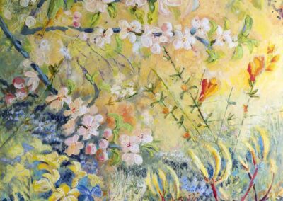 Original painting in mixed media of the month of April in a Scottish orchard by artist ronnie cruwys