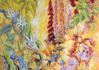Original mixed media painting of month of may in a scottish orchard by artist ronnie cruwys