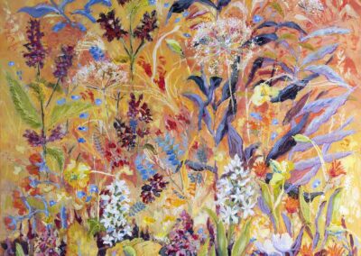 Colourful summer painting of June in a Scottish orchard by artist ronnie cruwys