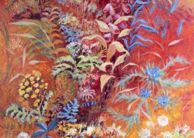 original painting in rich reds of July in a Scottish orchard by artist Ronnie Cruwys