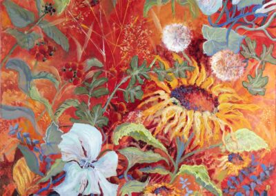 Original expressive painting of month of August with a red theme set in Scottish orchard by artist ronnie cruwys