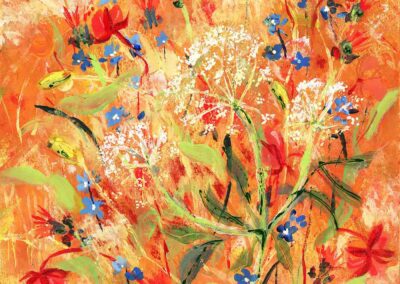 original painting of wildflowers in scottish orchard