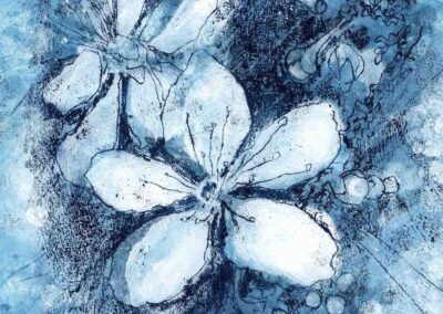mono-type print of damson blossom at large scale on paper