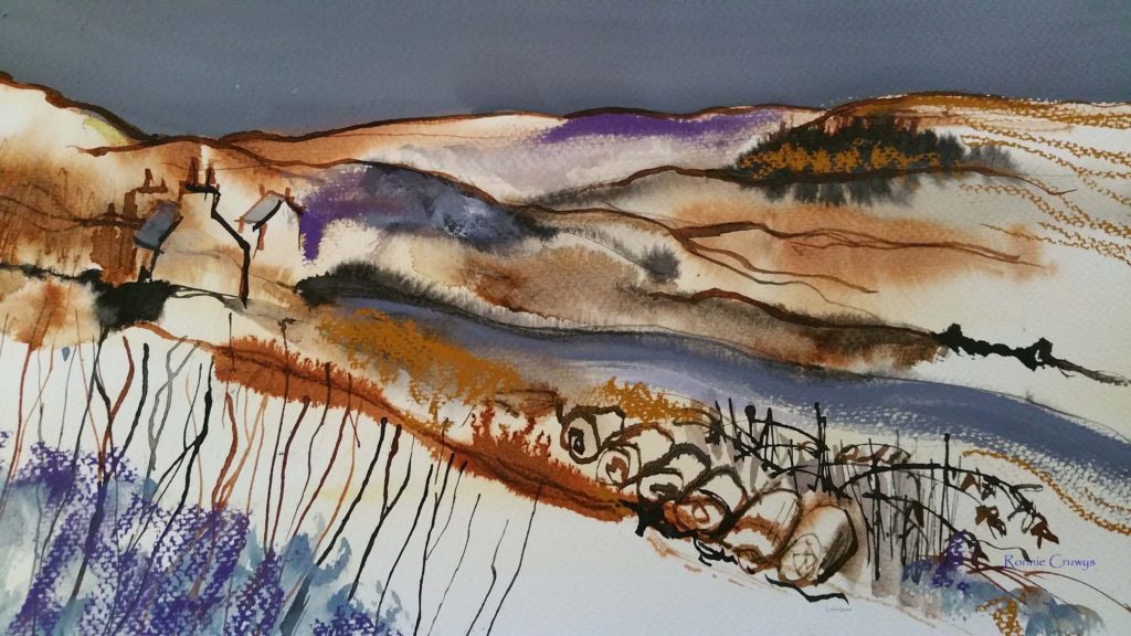 gouache and ink painting of clyde valley by ronnie cruwys