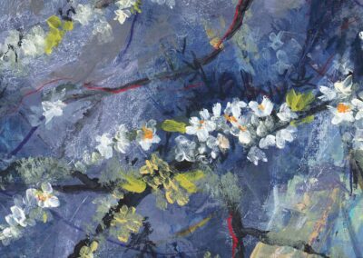 Painting of spring plum blossoms of scottish orchard