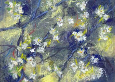 Painting of spring plum blossoms of scottish orchard