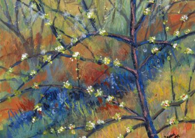 Painting of spring blossoms on young apple tree scottish orchard