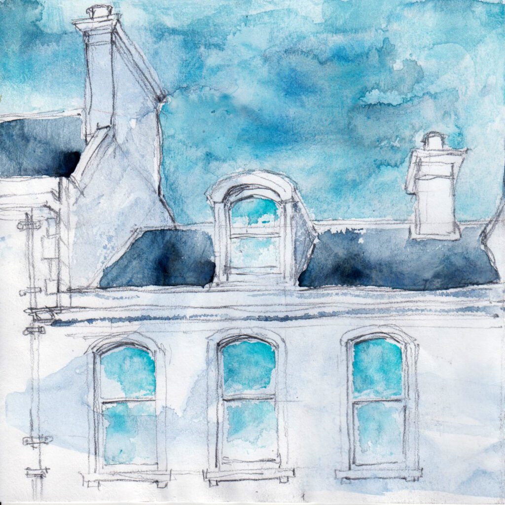 Loose pencil sketch and watercolour wash of Biggar roofscape