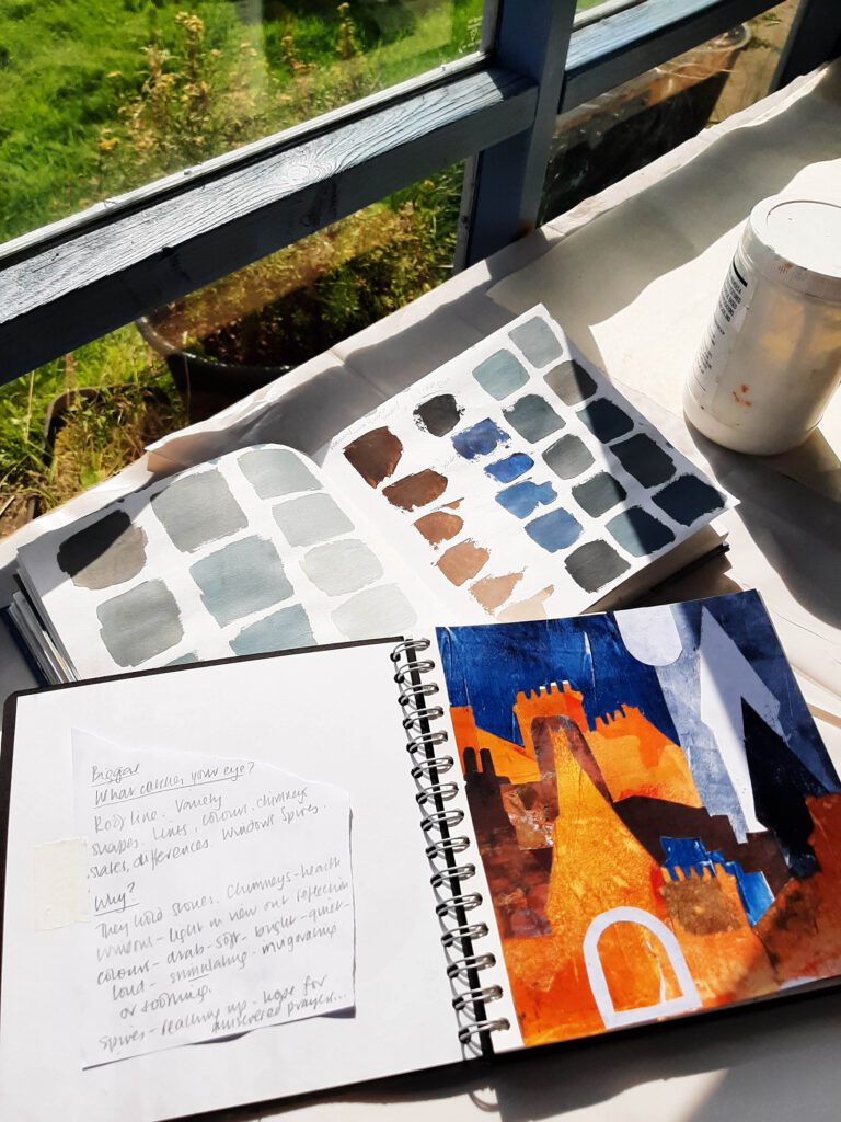 Artists sketch book by Ronnie Cruwys and colour palette