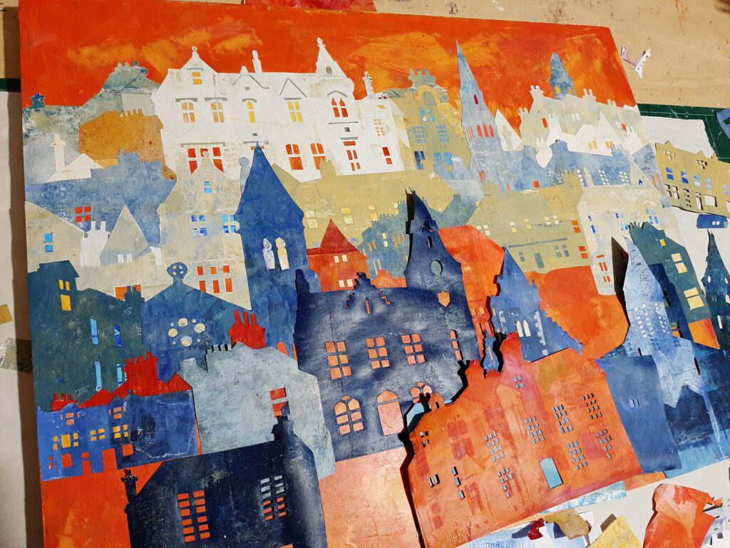 collage papers on wood panel for Biggar Little Festival by Ronnie Cruwys